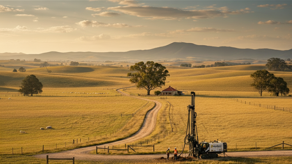 Scenic rural landscape in Hunter Valley, New South Wales, with rolling farmland, country road, and workers near farming equipment at sunset