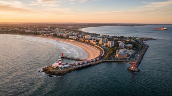 Aerial view of Nobbys Head Lighthouse, breakwater, and Newcastle Beach at sunset in New South Wales, Australia