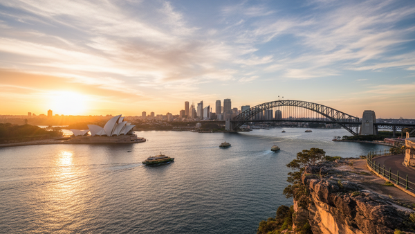 Sunset view of Sydney Opera House and Harbour Bridge with ferries on Sydney Harbour