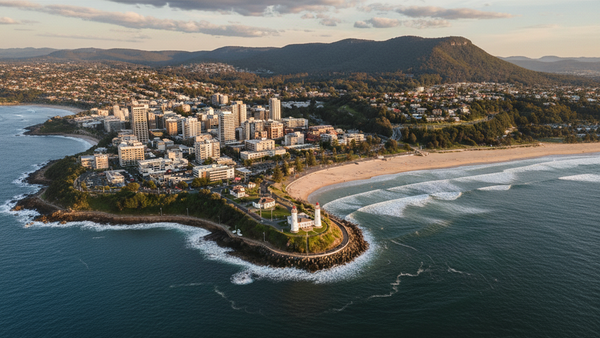 Aerial view of Wollongong Lighthouse, City Beach, and coastal skyline at sunset in New South Wales, Australia